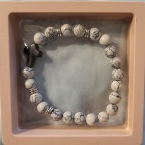 NIB BOHO 8mm white beaded with Cross stretch bracelet